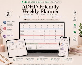 May include: A digital ADHD Friendly Weekly Planner template for Google Sheets and Excel. The display shows a weekly planner interface on a laptop, a task bank on a tablet, and weekly statistics on a smartphone, featuring organized columns, checkboxes, and charts.