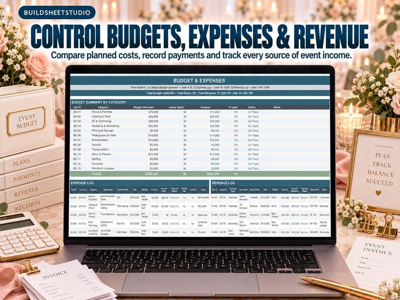 May include: A laptop screen displaying a digital event budget spreadsheet with columns for categories, allocated budgets, actual expenses, and revenue logs. The text reads: CONTROL BUDGETS, EXPENSES & REVENUE. Compare planned costs, record payments and track every source of event income.