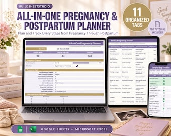 May include: An all-in-one pregnancy and postpartum planner digital template displayed on a laptop, tablet, and smartphone. The interface features purple and gold accents, tracking pregnancy progress, weekly journals, and a hospital bag checklist.