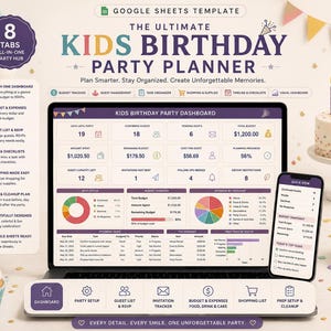 Puede incluir: Una plantilla digital de Google Sheets para planificar fiestas de cumpleaños infantiles, mostrada en una laptop y un smartphone. La interfaz incluye un panel con seguimiento de presupuesto, gestión de invitados, listas de tareas y gráficos.