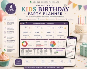 May include: A digital Google Sheets template for a kids birthday party planner displayed on a laptop and smartphone screen. The interface features a dashboard with budget tracking, guest management, task lists, and colorful charts for party planning.