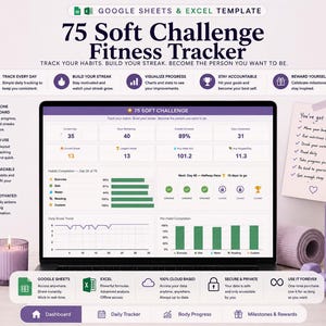 Könnte beinhalten: Eine digitale 75 Soft Challenge Fitness-Tracker-Vorlage für Google Sheets und Excel auf einem Laptop-Bildschirm. Die Benutzeroberfläche zeigt Fortschrittsdiagramme, Balken für die Gewohnheitserfüllung und tägliche Statistiken. Design in Lila.