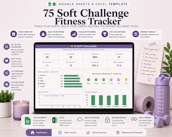 May include: A digital 75 Soft Challenge fitness tracker template for Google Sheets and Excel displayed on a laptop screen. The interface shows progress charts, habit completion bars, and daily stats. The design features purple accents and text.
