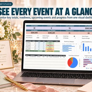 May include: A laptop screen displaying a digital event management dashboard with tables, bar charts, and a pie chart. The screen shows text including SEE EVERY EVENT AT A GLANCE, Monitor key totals, readiness, upcoming events and progress.