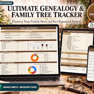 May include: A digital genealogy and family tree tracker displayed on a laptop, tablet, and smartphone. The screens show data dashboards, charts, and relationship viewers with text including Ultimate Genealogy & Family Tree Tracker and Google Sheets + Microsoft Excel.