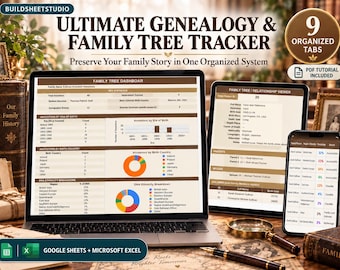 May include: A digital genealogy and family tree tracker displayed on a laptop, tablet, and smartphone. The screens show data dashboards, charts, and relationship viewers with text including Ultimate Genealogy & Family Tree Tracker and Google Sheets + Microsoft Excel.