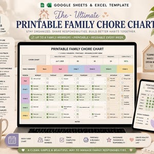 May include: A digital family chore chart template displayed on a laptop screen and a tablet. The chart features columns for six family members, daily task checkboxes, and progress tracking. Text includes The Ultimate Printable Family Chore Chart.