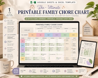 May include: A digital family chore chart template displayed on a laptop screen and a tablet. The chart features columns for six family members, daily task checkboxes, and progress tracking. Text includes The Ultimate Printable Family Chore Chart.