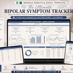 May include: A digital bipolar symptom tracker template for Google Sheets and Excel displayed on a laptop, tablet, and smartphone. The interface features charts, data tables, and annual overviews in blue and white, designed to monitor mood, sleep, and medication.