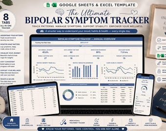 May include: A digital bipolar symptom tracker template for Google Sheets and Excel displayed on a laptop, tablet, and smartphone. The interface features charts, data tables, and annual overviews in blue and white, designed to monitor mood, sleep, and medication.