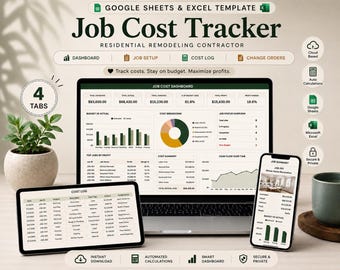 May include: A digital Job Cost Tracker template for Google Sheets and Excel, displayed on a laptop, tablet, and smartphone. The screens show financial dashboards, cost logs, and job summaries with charts, tables, and data for residential remodeling.