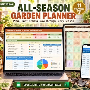 Può includere: Un pianificatore digitale per il giardino per tutte le stagioni visualizzato su laptop, tablet e smartphone. Gli schermi mostrano una dashboard stagionale, una mappa del giardino e un programma di irrigazione con tabelle e dati di monitoraggio.