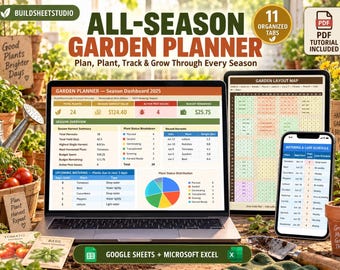 May include: A digital all-season garden planner displayed on a laptop, tablet, and smartphone. The screens show a season dashboard, garden layout map, and watering schedule with tables, charts, and data for tracking plants, harvests, and budgets.