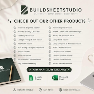 Puede incluir: Un gr&aacute;fico promocional de BuildSheetStudio con una lista de productos de hojas de c&aacute;lculo digitales, incluyendo rastreadores de ingresos, gastos, deudas y h&aacute;bitos. El texto incluye 'Check out our other products' y logotipos de Google Sheets y Microsoft Excel.