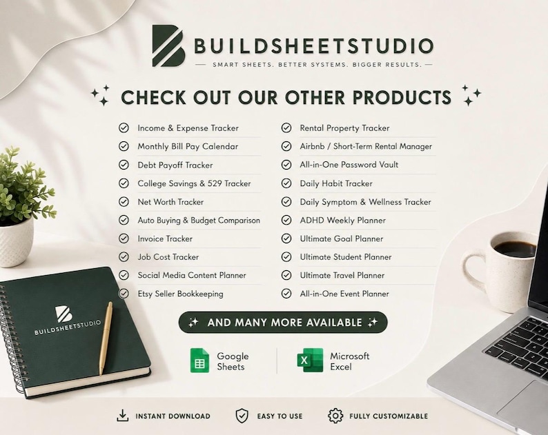 Puede incluir: Un gr&aacute;fico promocional de BuildSheetStudio con una lista de productos de hojas de c&aacute;lculo digitales, incluyendo rastreadores de ingresos, gastos, deudas y h&aacute;bitos. El texto incluye 'Check out our other products' y logotipos de Google Sheets y Microsoft Excel.