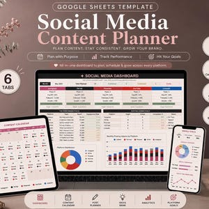 Può includere: Un modello di pianificatore di contenuti per social media su Google Sheets visualizzato su un portatile, un tablet e uno smartphone. La dashboard include un calendario dei contenuti e statistiche settimanali con grafici e tabelle.