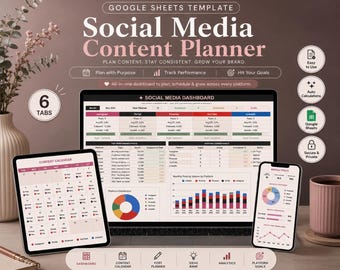 May include: A Google Sheets social media content planner template displayed on a laptop, tablet, and smartphone. The dashboard features a social media dashboard, content calendar, and weekly stats with charts, graphs, and tables for tracking.