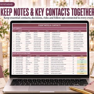 Puede incluir: Una pantalla de port&aacute;til muestra una hoja de c&aacute;lculo de gesti&oacute;n de eventos titulada EVENT NOTES & CONTACTS con columnas para nombres, roles, eventos y estado. La interfaz presenta un esquema de colores granate y blanco con tablas organizadas.