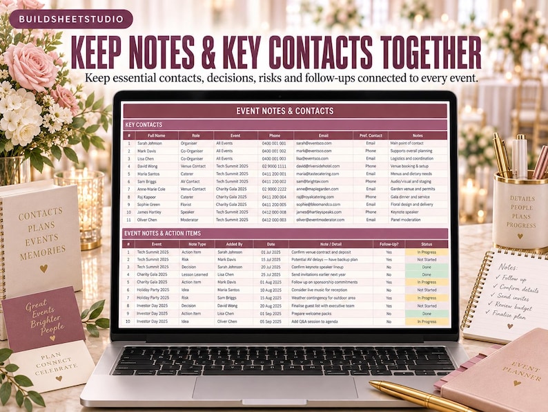 Puede incluir: Una pantalla de port&aacute;til muestra una hoja de c&aacute;lculo de gesti&oacute;n de eventos titulada EVENT NOTES & CONTACTS con columnas para nombres, roles, eventos y estado. La interfaz presenta un esquema de colores granate y blanco con tablas organizadas.