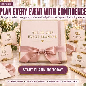 Puede incluir: Un organizador de eventos cuadrado de color rosa claro con un lazo de sat&eacute;n, letras doradas que dicen ALL-IN-ONE EVENT PLANNER y tarjetas peque&ntilde;as etiquetadas como EVENTS, TASKS, GUESTS, VENDORS y BUDGETS. El texto incluye PLAN EVERY EVENT WITH CONFIDENCE y START PLANNING TODAY.