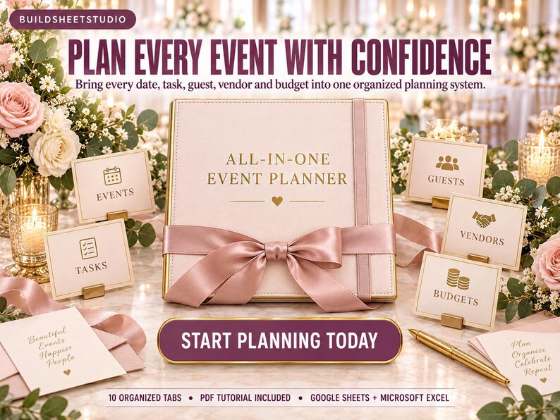Puede incluir: Un organizador de eventos cuadrado de color rosa claro con un lazo de sat&eacute;n, letras doradas que dicen ALL-IN-ONE EVENT PLANNER y tarjetas peque&ntilde;as etiquetadas como EVENTS, TASKS, GUESTS, VENDORS y BUDGETS. El texto incluye PLAN EVERY EVENT WITH CONFIDENCE y START PLANNING TODAY.