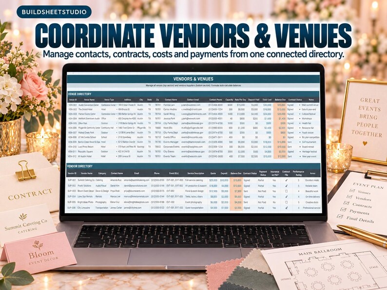 May include: A laptop displaying a digital spreadsheet titled Vendors & Venues, featuring columns for contact details, contracts, and costs. The screen shows organized lists for venue and vendor management, with text headers Coordinate Vendors & Venues.