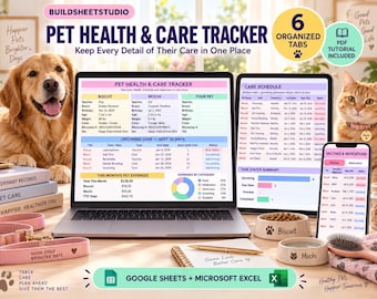 May include: A digital pet health and care tracker displayed on a laptop, tablet, and smartphone screen. The interface includes tabs for pet profiles, care schedules, vaccine records, and expense charts compatible with Google Sheets and Microsoft Excel.