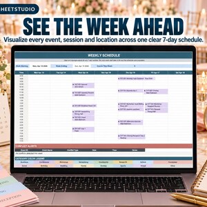 May include: A laptop screen displaying a digital weekly schedule template with columns for days of the week and rows for time slots. The interface includes a conflict alerts section, a category color legend, and text reading SEE THE WEEK AHEAD.