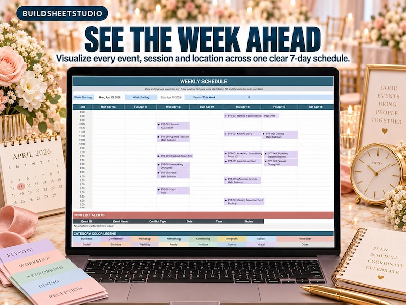 May include: A laptop screen displaying a digital weekly schedule template with columns for days of the week and rows for time slots. The interface includes a conflict alerts section, a category color legend, and text reading SEE THE WEEK AHEAD.