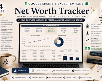 May include: A digital net worth tracker template for Google Sheets and Excel displayed on a laptop screen. The dashboard features a line graph, a pie chart, and tables summarizing assets, liabilities, and financial growth with clear headings.