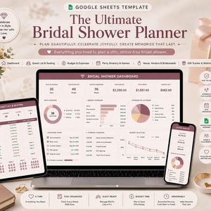 May include: A Google Sheets template titled The Ultimate Bridal Shower Planner displayed on a laptop, tablet, and smartphone. The dashboard features sections for guest lists, budget tracking, expenses, and itineraries in a soft pink colour scheme.