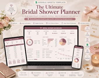 May include: A Google Sheets template titled The Ultimate Bridal Shower Planner displayed on a laptop, tablet, and smartphone. The dashboard features sections for guest lists, budget tracking, expenses, and itineraries in a soft pink color scheme.