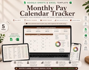 May include: A digital Monthly Pay Calendar Tracker template for Google Sheets and Microsoft Excel. The display shows a dashboard with a calendar, payment tracker, and expense summary. It features 5 tabs, auto-calculations, and visual charts for income, bills, and expenses to help organize payments and manage a budget.