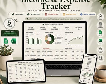 May include: A digital Income & Expense Tracker template for Google Sheets and Microsoft Excel displayed on a laptop, tablet, and smartphone. The interface features financial dashboards, pie charts, bar graphs, and tables for tracking income and expenses.