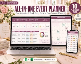 May include: An all-in-one event planner digital dashboard displayed on a laptop, tablet, and smartphone. The interface features a command center, events calendar, and task tracker with data tables, status charts, and text in shades of plum and white.
