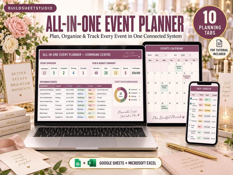 Puede incluir: Un panel de control digital de planificaci&oacute;n de eventos todo en uno que se muestra en una computadora port&aacute;til, tableta y tel&eacute;fono inteligente. La interfaz cuenta con un centro de comando, calendario de eventos y rastreador de tareas.