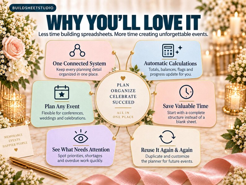 May include: An infographic titled WHY YOU'LL LOVE IT featuring six pastel-colored text boxes surrounding a central circle that reads PLAN ORGANIZE CELEBRATE SUCCEED ALL IN ONE PLACE. The boxes detail features like One Connected System and Automatic Calculations.