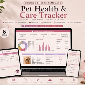 May include: A Google Sheets template for a Pet Health & Care Tracker displayed on a laptop, tablet, and smartphone. The interface features a dashboard with charts, a vet records table, and a care schedule calendar, all in a pink and white color scheme.