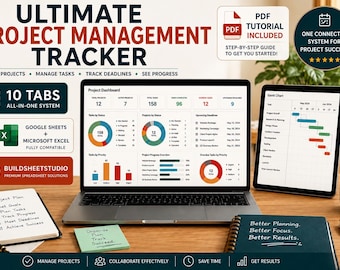 May include: A digital project management tracker displayed on a laptop and tablet screen, featuring a dashboard with charts, a Gantt chart, and task lists. The system is compatible with Google Sheets and Microsoft Excel, including a PDF tutorial guide.