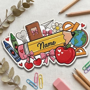 Personalized Coquette School Embroidered Patches, Custom Name Iron On Patch, Back to School Teacher Gift, DIY Tote, Sew on Hook & Loop