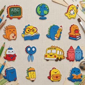 May include: A collection of embroidered patches featuring colorful cartoon characters and school-themed items, including a chalkboard with ABC, a globe, dinosaurs with art supplies, books, scissors, a school bus, crayons, and a backpack.