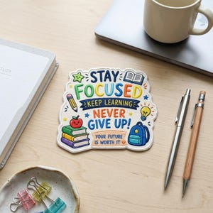 Op de afbeelding: Een witte geborduurde patch met de tekst STAY FOCUSED, KEEP LEARNING, NEVER GIVE UP en YOUR FUTURE IS WORTH IT. Het ontwerp bevat kleurrijke iconen van een ster, een open boek, een potlood, een appel op boeken, een gloeilamp en een rugzak.