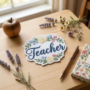 Floral Teacher Embroidered Patches, Botanical Script Iron On Patch, Back To School Educator Gift, DIY Tote Bag Sew On Hook Loop