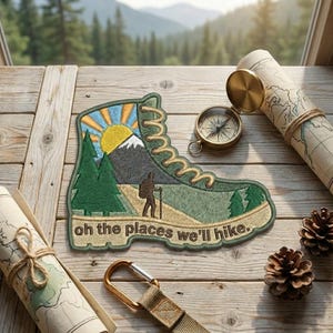 May include: An embroidered patch shaped like a hiking boot featuring a mountain, sun, pine trees, and a hiker. The text reads, "oh the places we'll hike." The patch is surrounded by a brass compass, a rolled map, and two small pinecones.