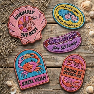 Funny Seafood Embroidered Patch Set, Cute Ocean Foodie Iron On, Summer Beach Gift For Chef, DIY Apron Bag Sew On Hook Loop