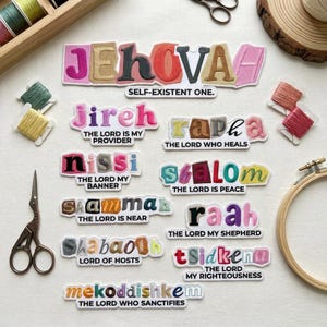 May include: A collection of embroidered fabric patches featuring various names and titles with their English translations printed below each. The patches display colorful, multi-textured lettering in a variety of fonts and styles, arranged on a white surface alongside sewing supplies including thread spools, scissors, and a wooden embroidery hoop.