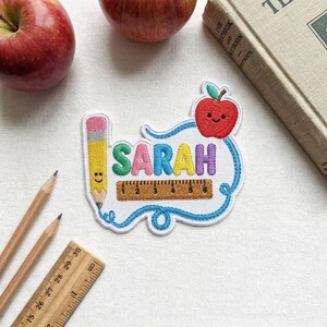 Custom Name Back To School Patches, Kawaii Pencil Ruler Iron On Patch, Kindergarten Teacher Kids Gift, DIY Tote Bag Sew On Hook Loop