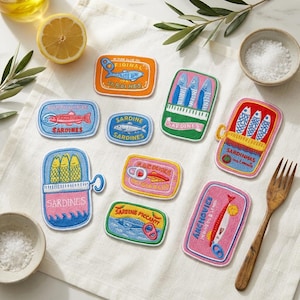 Tinned Fish Embroidered Patches, Vintage Sardine Tin Iron On Patch, Foodie European Summer Coast Gift, DIY Tote Bag Sew On Hook Loop