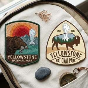Yellowstone Park Embroidered Patches, Vintage Bear Bison Iron On Patch, Outdoor Hiking Gift For Camper, DIY Backpack Tote, Sew On Hook Loop