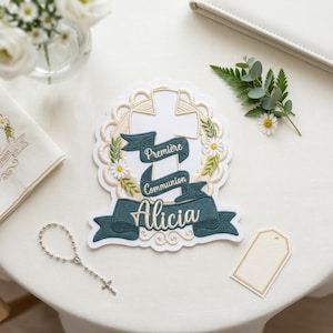 Parches bordados personalizados para la Primera Comunión, parche termoadhesivo con nombre personalizado en forma de cruz, regalo católico para niñas, para coser en bolsos (tipo DIY) con velcro.